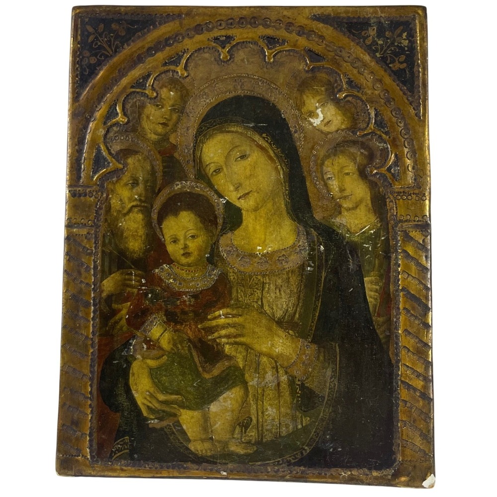 Vintage Italian Madonna and Child Gilt Wood Religious Icon Plaque Wall Art